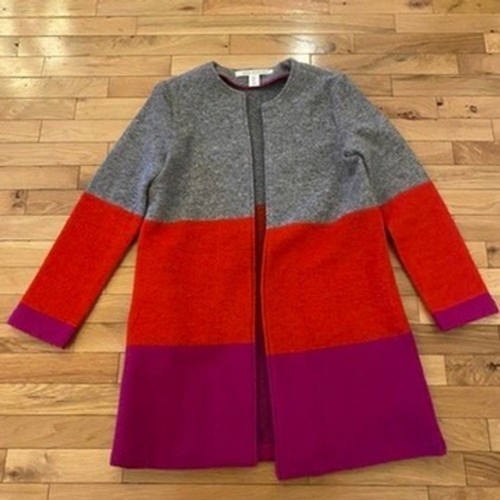 Max Studio Color Block Wool‎ Blend Coat Jacket Gray Orange Pink Women S
